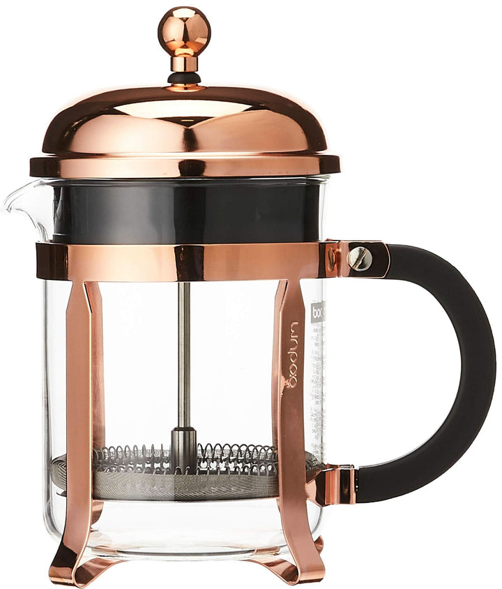 BODUM Chambord 4 Cup French Press Coffee Maker in Copper with heat resistant glass and stainless steel mesh filter.