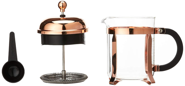 BODUM Chambord 4 Cup French Press Coffee Maker in Copper with heat resistant glass and stainless steel mesh filter.
