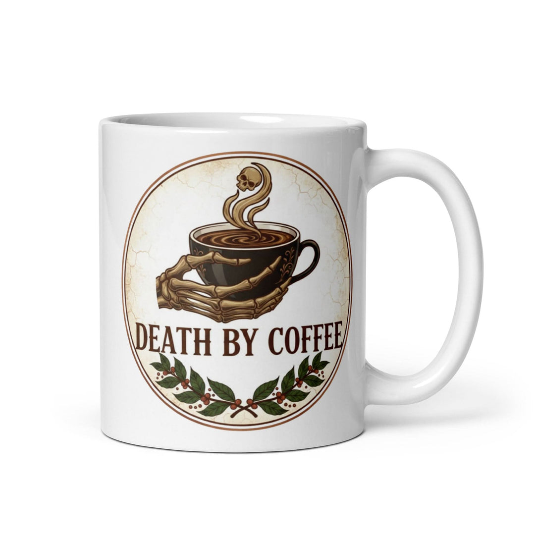 White glossy ceramic mug with a smooth, shiny finish on a plain background